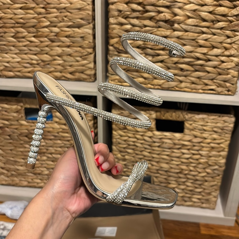 Silver rhinestone heels